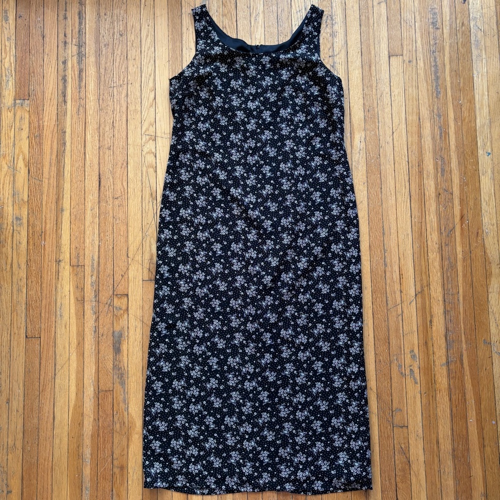 Vintage ditsy floral and bows sleeveless black maxi dress